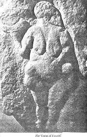 Carved into rock at the opening of a cave in southern France, circa 19,000 BC, with her large breast, stomach and wide hips this Palaeolithic Goddess holds a horn marked with the lunar months.