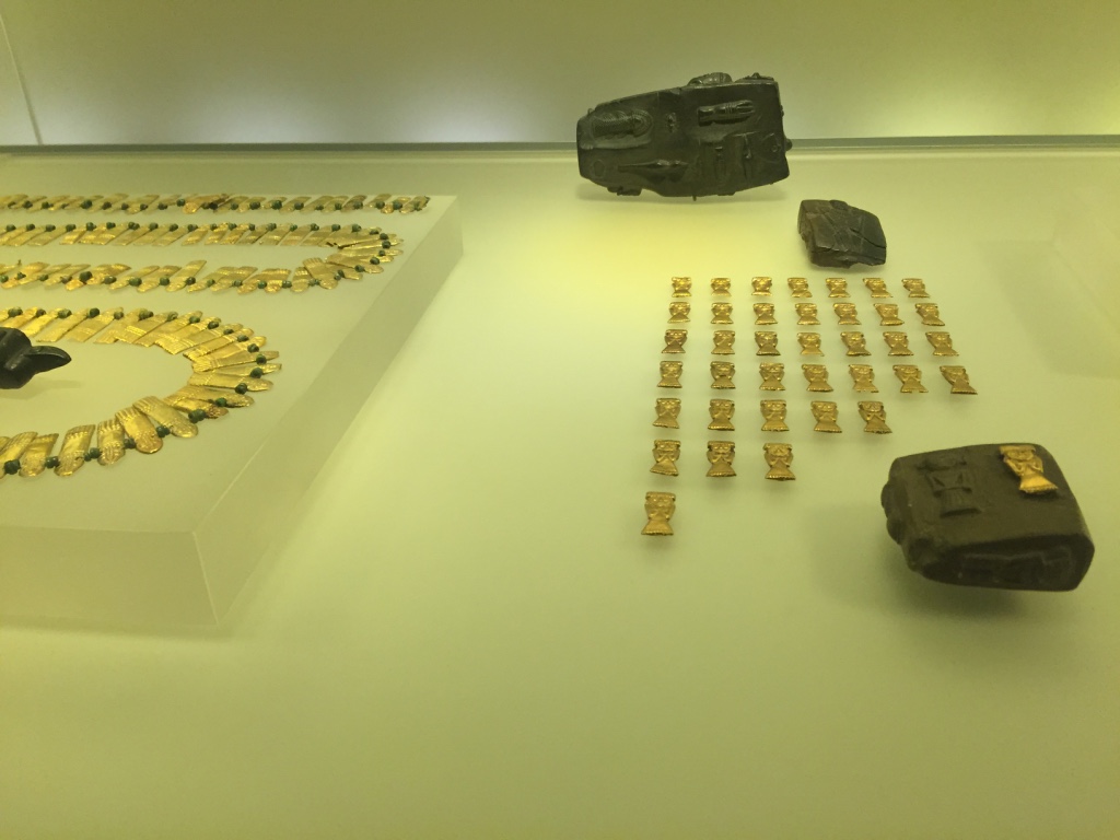 Wax model stone, gold pendants and ceremonial neck wear in the Gold Museum in Bogota.