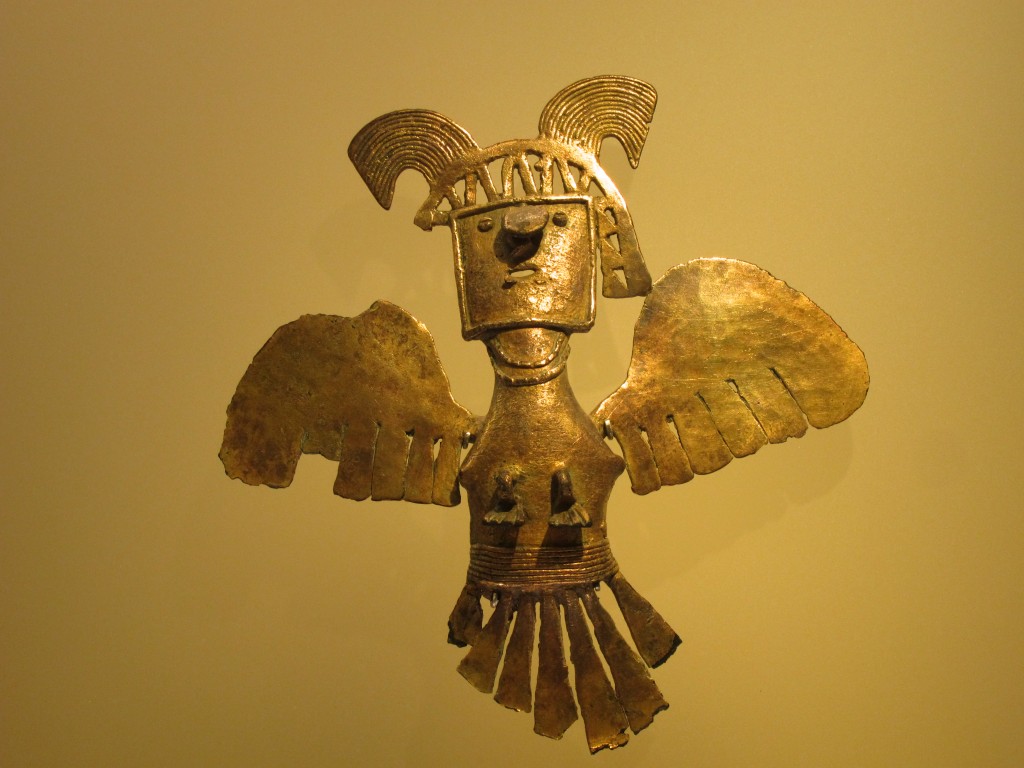 Pre-Colombian shaman in the form of a bird, created by lost-wax casting with tumbaga, circa 1200 B.C.E.