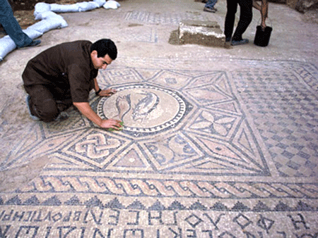 Megiddo Church mosaic with an early representation of Christ, previously the astrological symbol for piscis.