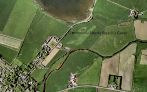 Turn towards Loch Watten at the Brown Trout Hotel. The grave site is 700 meters along the road on the right hand side.