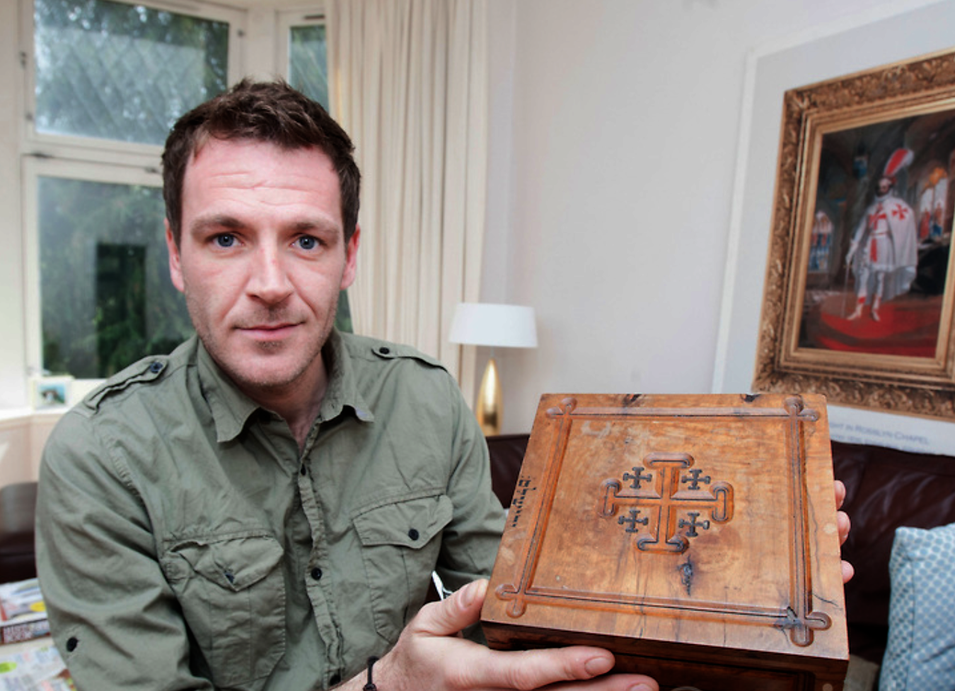 Ashley with his wooden Jerusalem Bible box displaying the Jerusalem Cross.