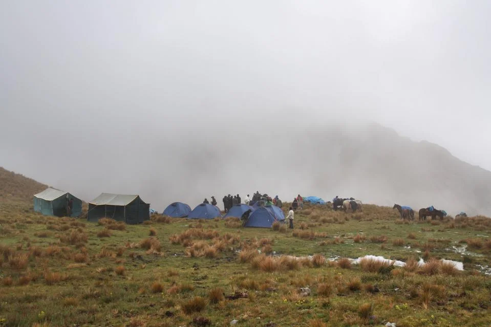 We set up camp at 12/500 feet but the summit of Inca Wasi was covered with clouds.