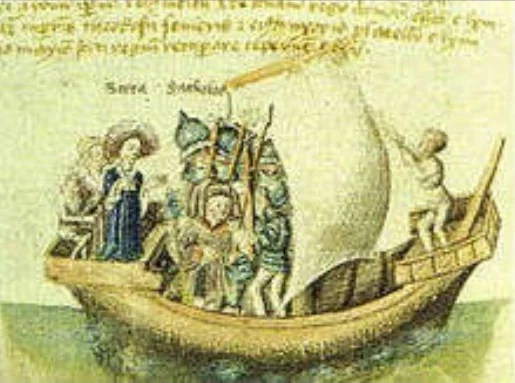 The founders of Scotland of late medieval legend, Scota with Goídel Glas, voyaging from Egypt with the Stone of Destiny.