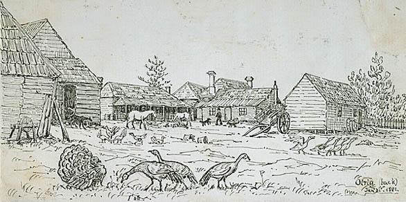 A drawing of a homestead on the hill of Olrig in 1851 by H J, Graham, currently on display at theat the National Library of Australia. This is something like the Windy Ha' may have looked like.