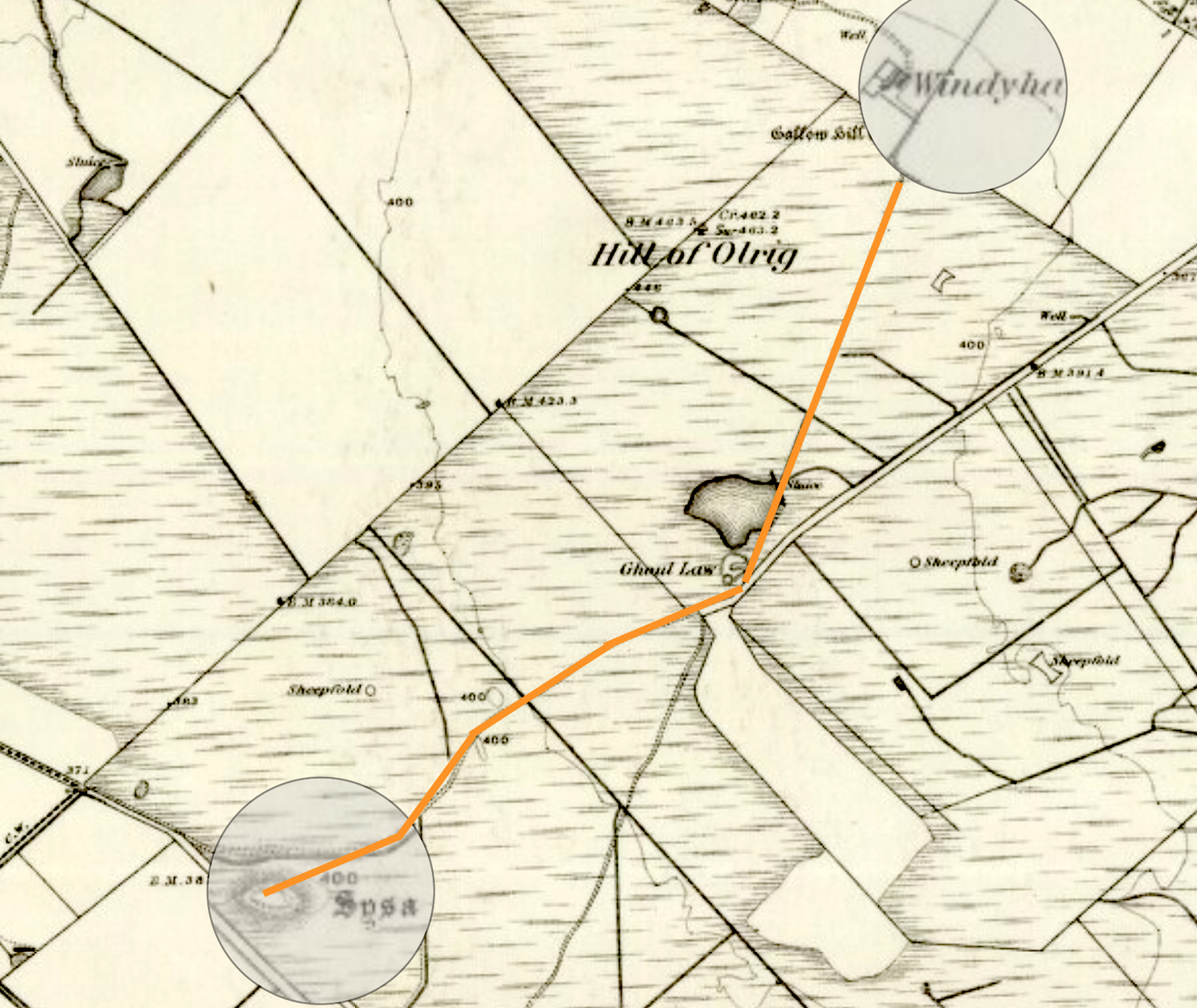 The orange line follows the old hill road which Peter walked from his farm house, Windy Ha', to Sysa Hillock.
