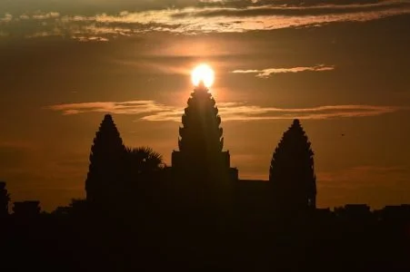 Equinox sunrise standing at the west gate at Angkor Wat.