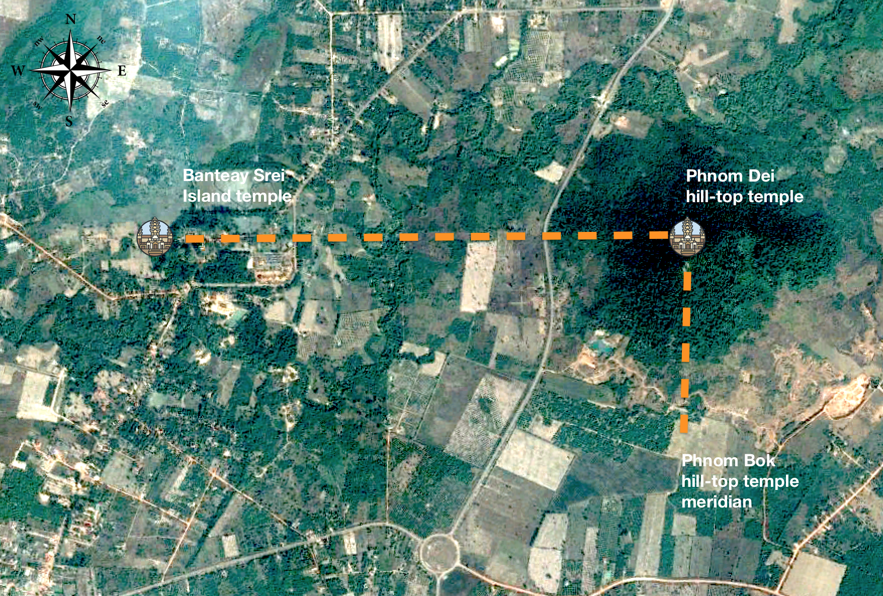 Figure 13: Banteay Srei Temple alignment with Phnom Dei hill-top temple.