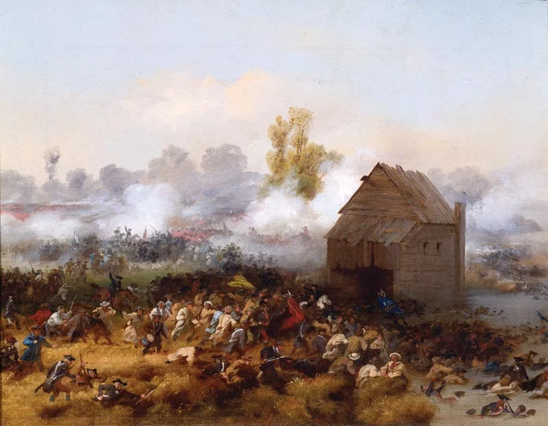 Lord Stirling leading an attack against the British in order to enable the retreat of other troops at the Battle of Long Island, 1776.