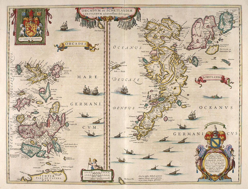FIG #01. The first Viking raids on England and France were launched from Orkney. Blaeu's 1654 map of Orkney and Shetland.