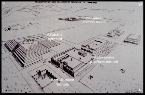 Figure 3. This reconstruction of the ceremonial civic Area at Tiwanaku was created by Architect and Archaeologist Javier Escalante Moscoso and presented in his excellent 1997 book: Arquitectura Prehispánica en los Andes bolivianos, .