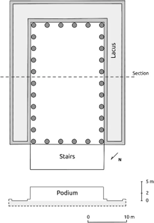 Hypothetical reconstruction of the plan and section of the temple following the B hypothesis and the archaeological data provided by the excavations in Paradís Street. Drawing by H.A. Orengo .