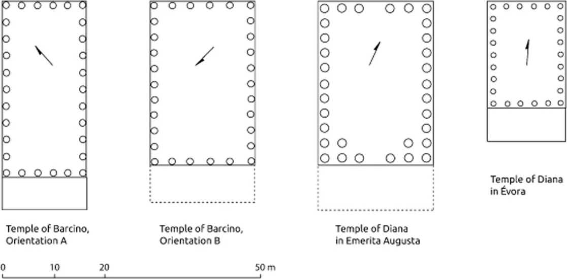 #0 Typological comparison between the different hexastyle peripteral temples of the Iberian Peninsula. Drawing by H.A. Orengo, adapted from Hauschild 1991 .