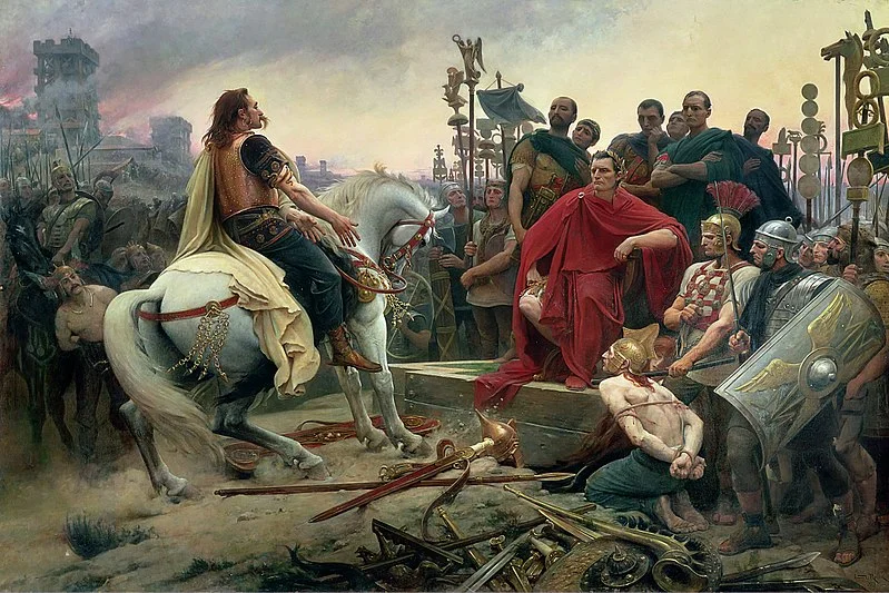 #01: Lionel Royer (1852 - 1926) Vercingetorix throws down his arms at the feet of Julius Caesar, 1899. Painting depicts the surrender of the Gallic chieftain after the Battle of Alésia in 52 BC. CC by-SA 3.0