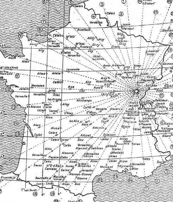 #08. Alaise, situated in the Jura mountains in the Doubs department in the Bourgogne-Franche-Comté region in eastern France is at the very centre of 24 alignments. From Xavier Guichard’s 1936 book Eleusis Alesia: Enquête sur les origines de la civilisation européenne, p. 326. Out Of Copyright.