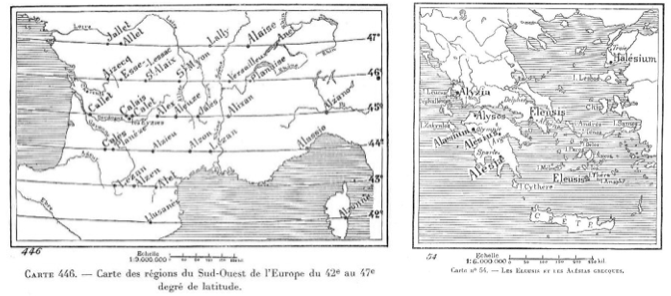 #10. From Xavier Guichard’s 1936 book Eleusis Alesia: Enquête sur les origines de la civilisation européenne, showing the latitudinal Alasian sites in France and the Eleusis sites in Greece.