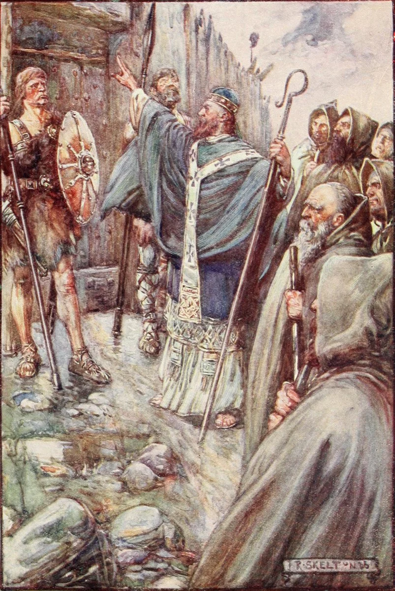Columba banging on the gate of Bridei, King of Fortriu. Illustration in Scotland's Story by J. R. Skelton (Joseph Ratcliffe Skelton; 1865 –1927). CC ASA 3.0