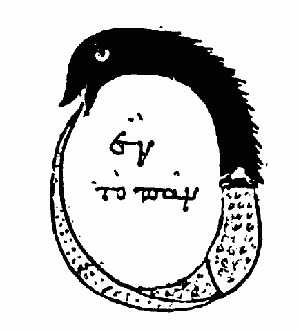 Ouroboros with the words ἕν τὸ πᾶν, hen to pān ("the all is one") from the Chrysopoeia of Cleopatra.