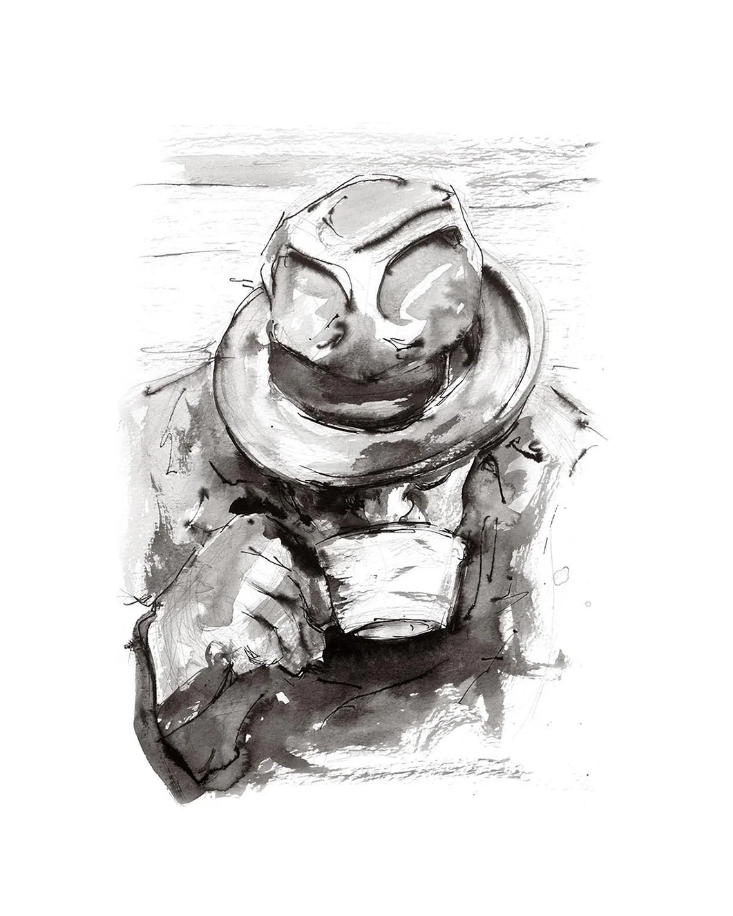 ‘Man with Tea’. Fine Art Print by Artist, Dana Trijbetz. Original Ink Painting made as a Giclée Print on 100% Cotton Paper. Image 2 of 4.jpg
