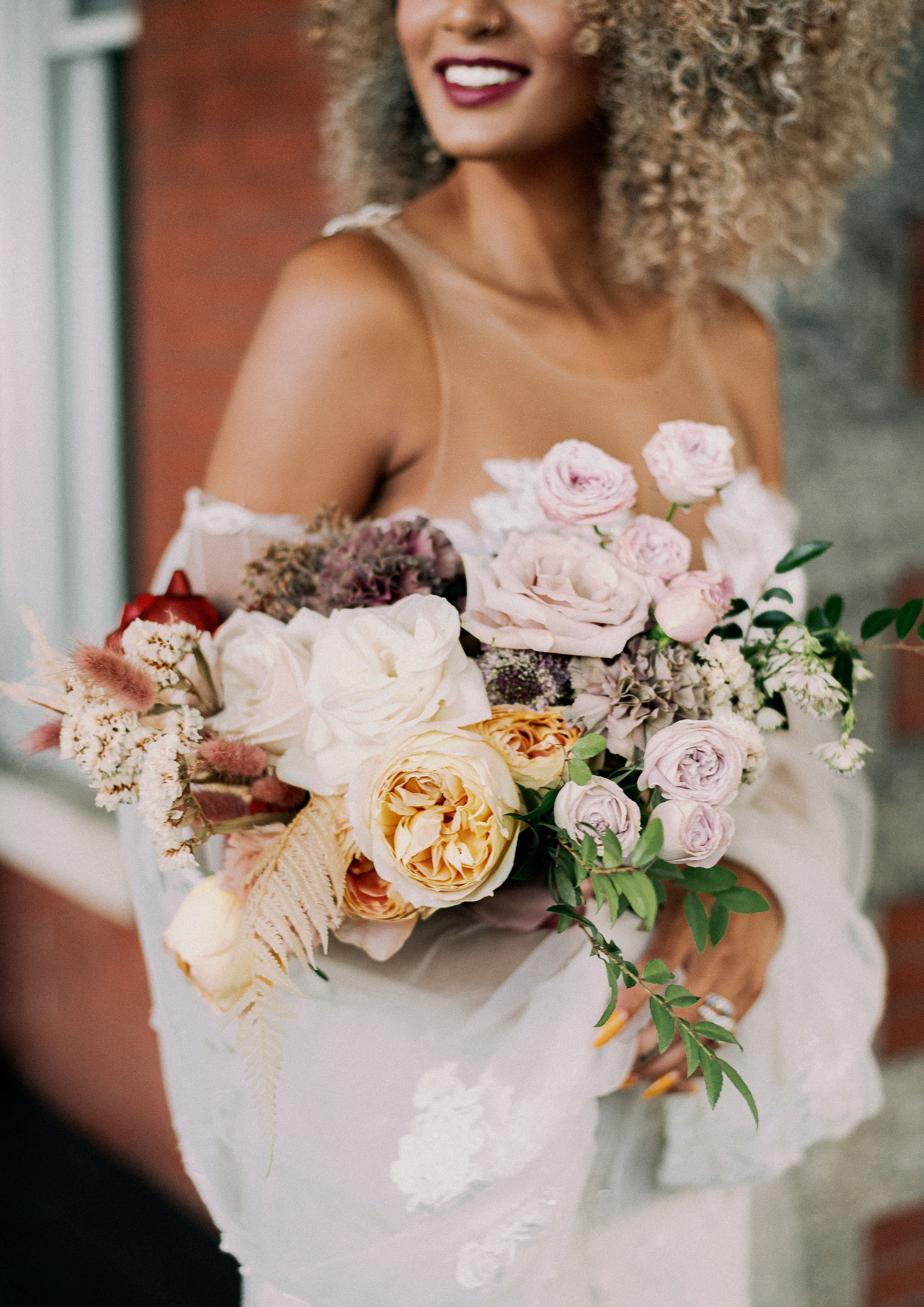 muted pastel bridal bouquet organic style