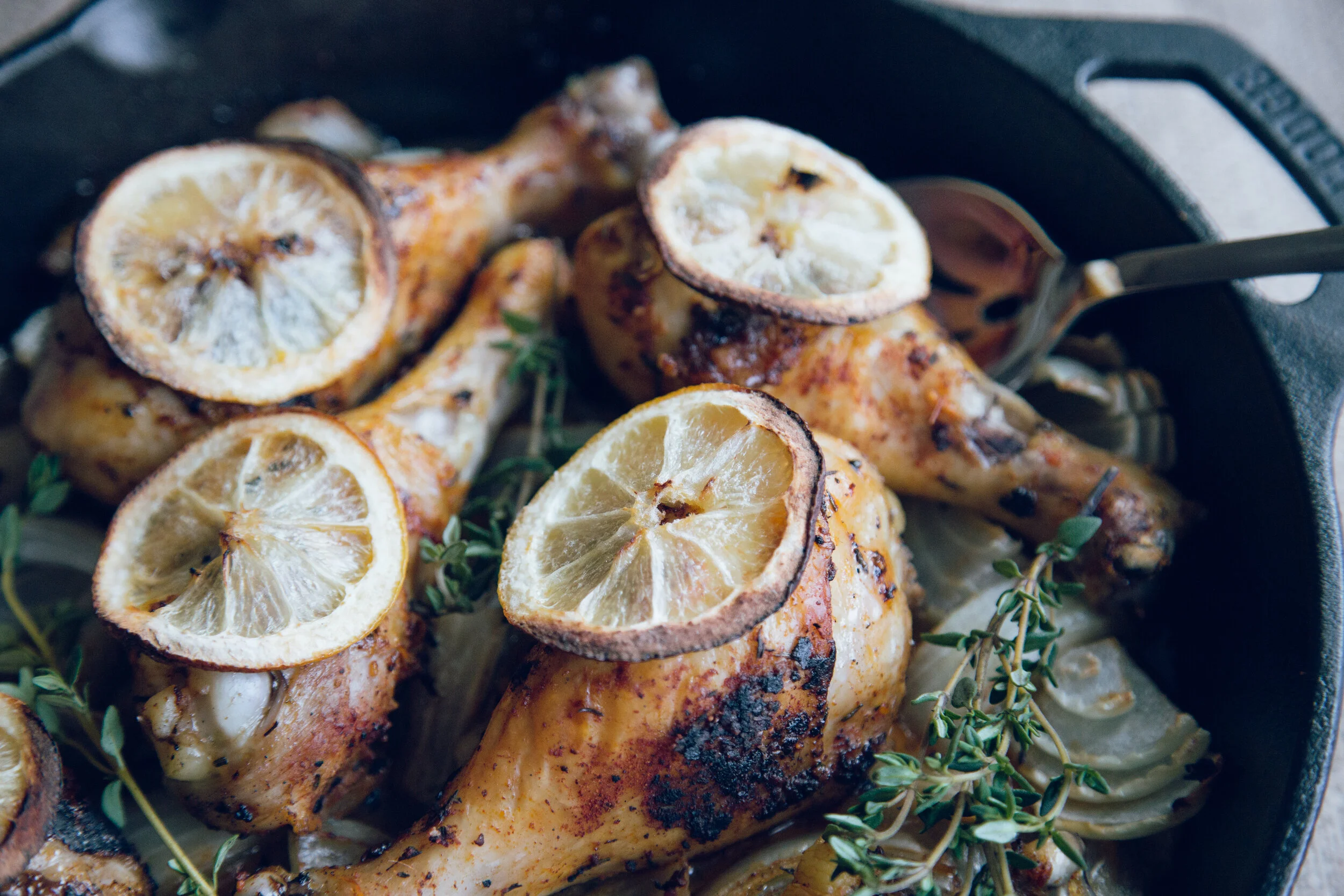 Lemon Thyme Roasted Chicken Legs with Onions
