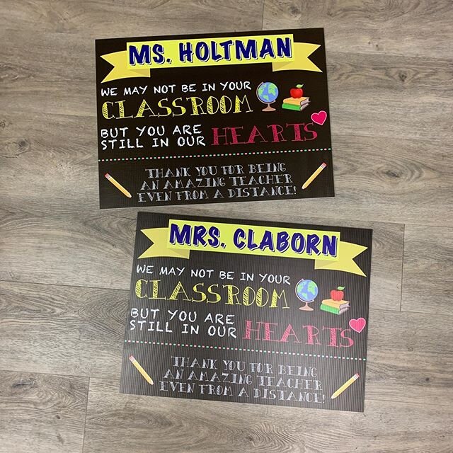 Email us to get your favorite teacher a customized appreciation yard sign. #teacherappreciationweek #coroplast #yardsigns