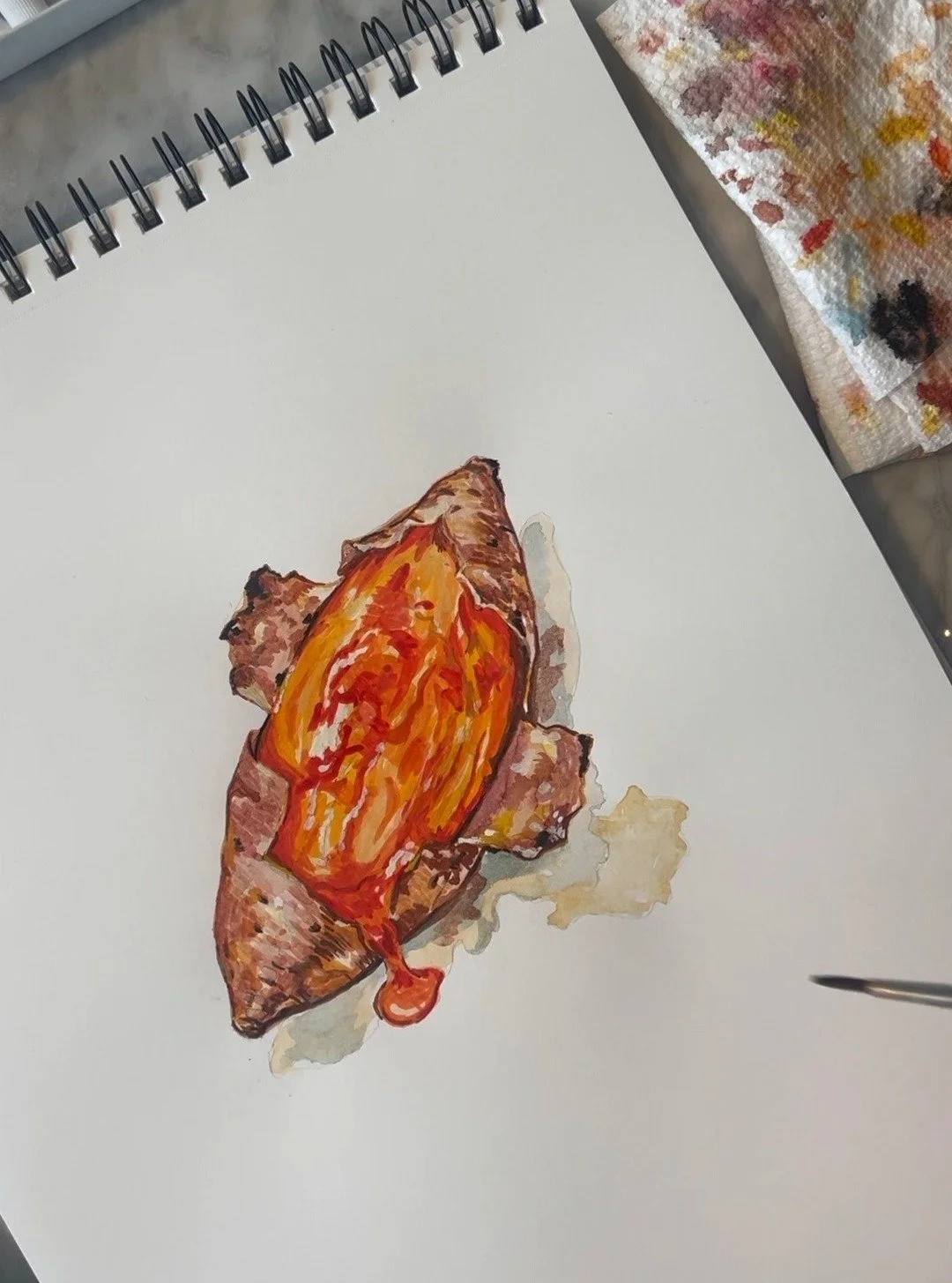 🍠✨ @traderjoes 

How to make them:
✨ Wash + soak in salt water (20 min)
✨ Boil (10 min)
✨ Roast on high heat (30 min . 375 F)until the honey-like juices bubble out &mdash; that&rsquo;s when they&rsquo;re perfect.

Layering this painting felt like ta