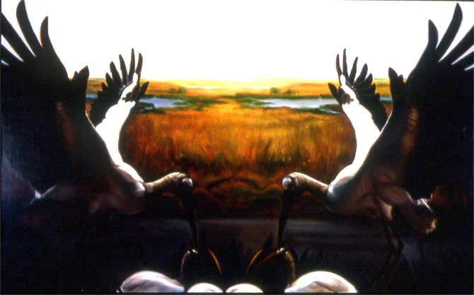 Double Bird Feeding Oil on panel 12" x 24" 1992