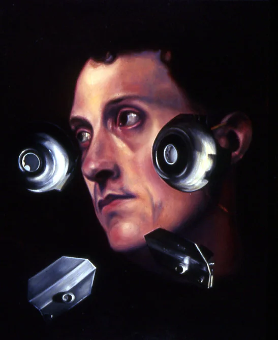 Man With Flying Discs Oil on panel 14" x 11" 1994