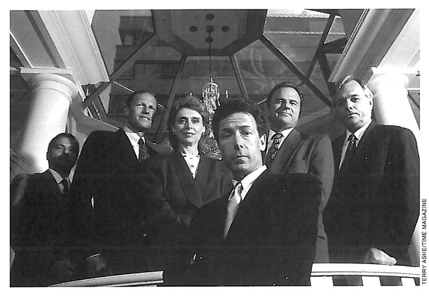 The lead attorneys general strike a stern pose for a Time magazine phtographer. From left to right: Dennis Vacco, Dick Blumenthal, Christine Gregoire, Mike Moore, Grant Woods, and Bob Butterworth. *