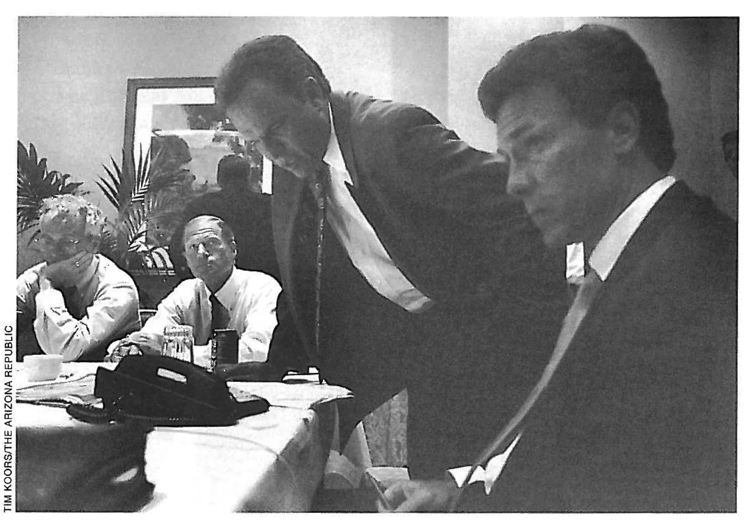 (Left to right): Former Maine Attorney General Jim Tierney, Connecticut Attorney General Richard "Dick" Blumenthal, Arizona Attorney General Grant Woods, and Mississippi Attorney General Michael "Mike" Moore poll the 39 states that sued the tobacco industry on their support for the settlement proposal. *