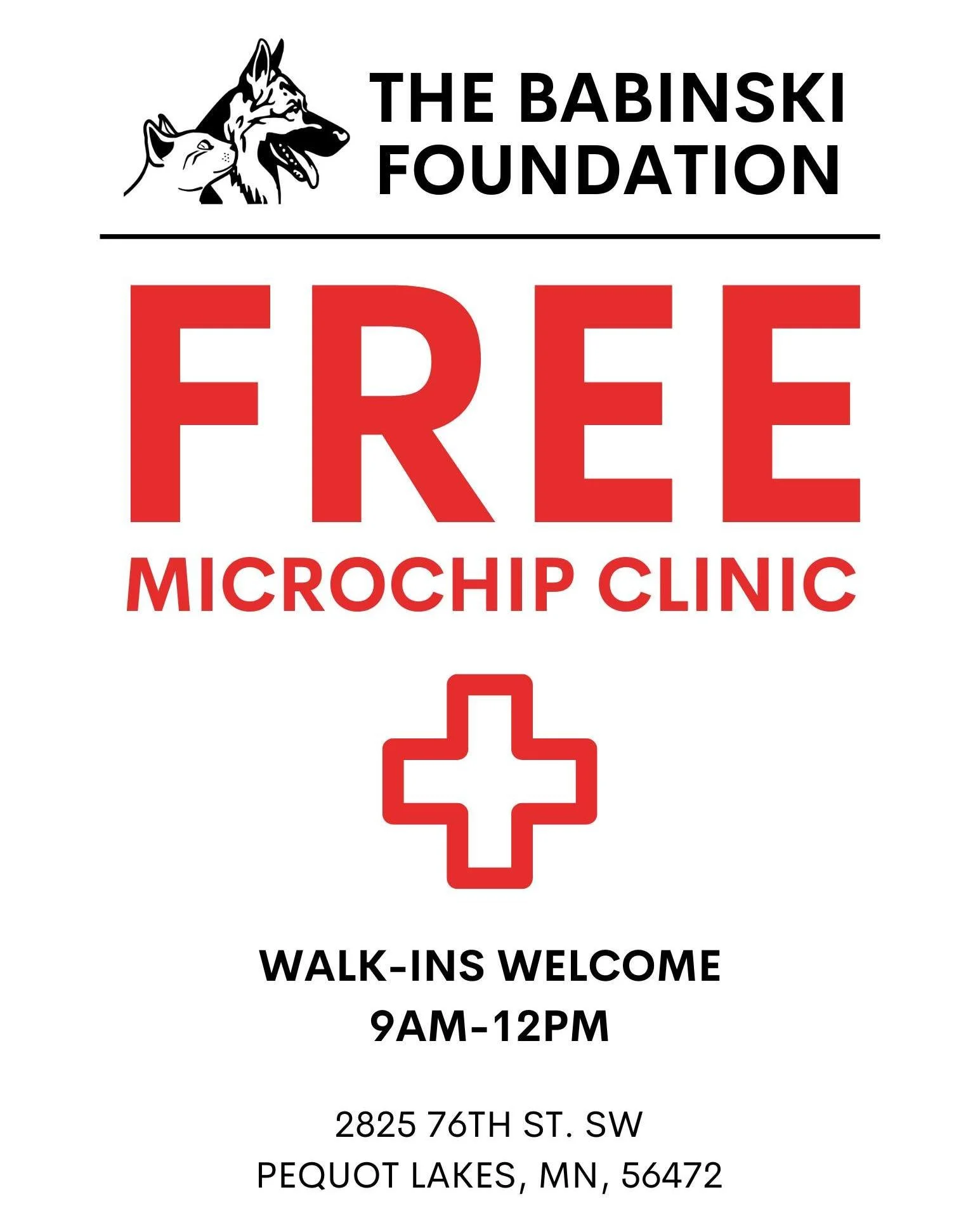 ‼ FREE MICROCHIPPING ‼
The Babinski Foundation Animal Shelter is offering FREE microchipping for the community&rsquo;s dogs and cats this Saturday, January 17th, from 9:00 AM to 12:00 PM at our shelter in Pequot Lakes.

The best way to protect your p