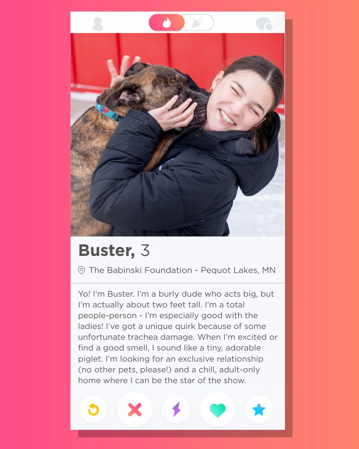 🔥 Swipe Right on Buster 🔥

How could anyone resist this total catch? Buster is a 3-year-old, 42-pound American Bulldog mix with a big heart. He loves his people completely and has been patiently waiting for the perfect match. While he has some trac