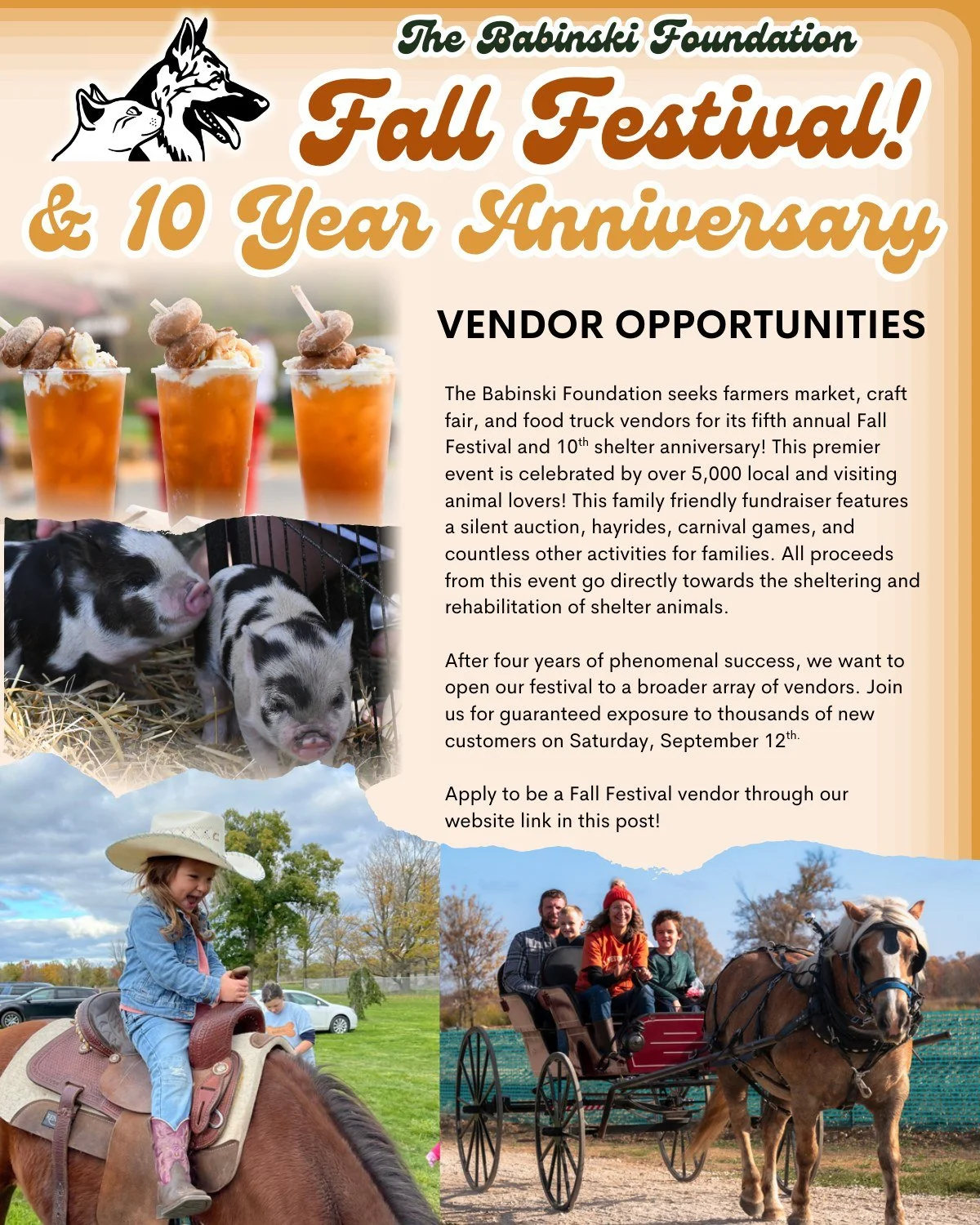 🍁 SEEKING VENDORS FOR OUR BIGGEST FALL FESTIVAL YET! 🍁

The Babinski Foundation Animal Shelter is officially preparing for our 2026 Fall Festival on September 12th, and it&rsquo;s going to be our largest celebration to date.

As always, we are look