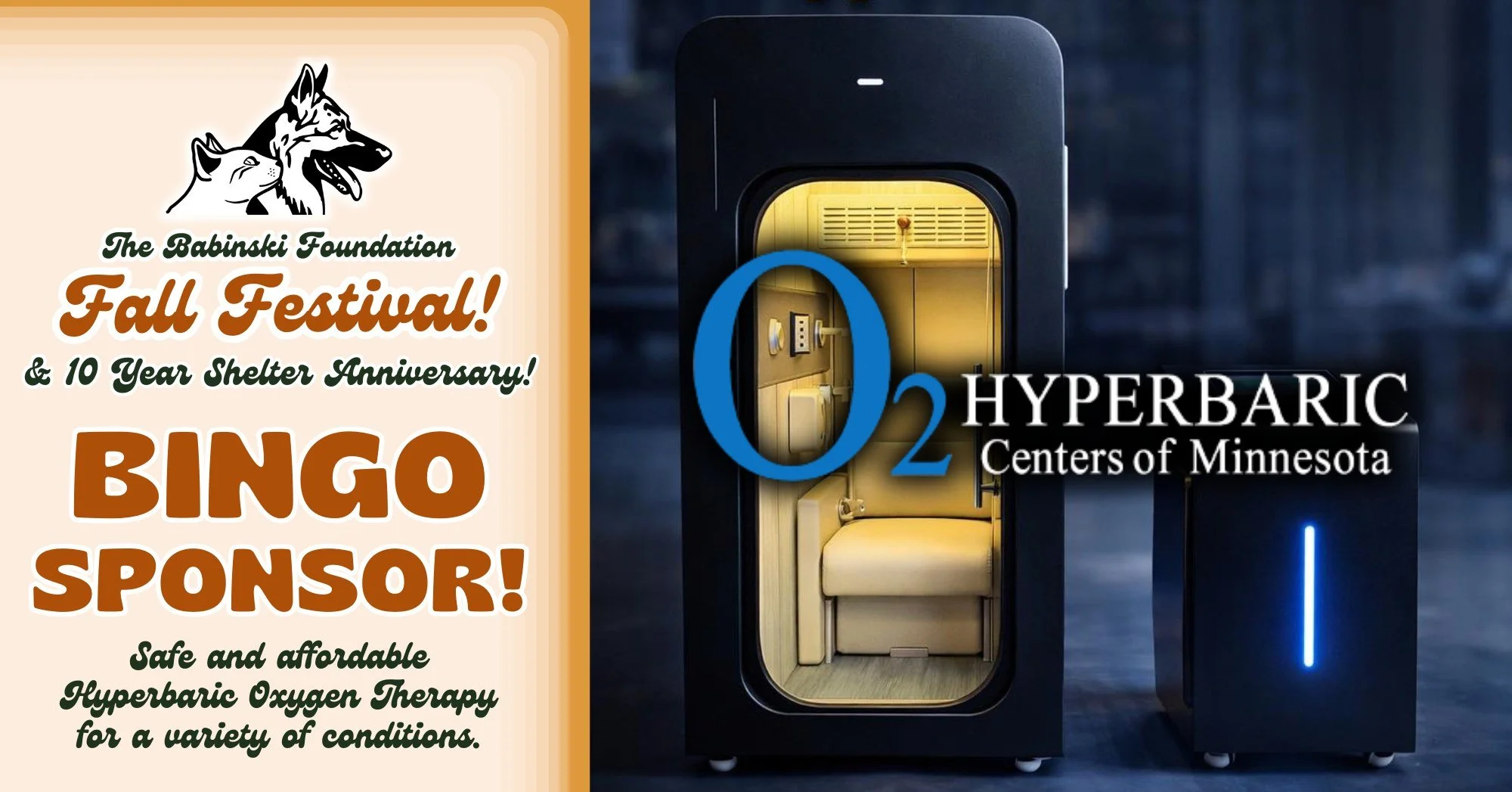BINGO! 🎉 We have a real winner here - YOU after your Hyperbaric Chamber treatments! We're happy to announce Hyperbaric Centers of Minnesota as our official Fall Festival Bingo Sponsor! 🍂🐾 The team behind Hyperbaric Centers of Minnesota is dedicate