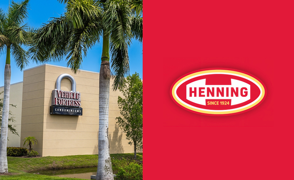 Split image showing the Vehicle Fortress Condominiums building exterior with its padlock-shaped sign flanked by palm trees on the left, and the Henning Group logo with 'Since 1924' tagline on a red background on the right.