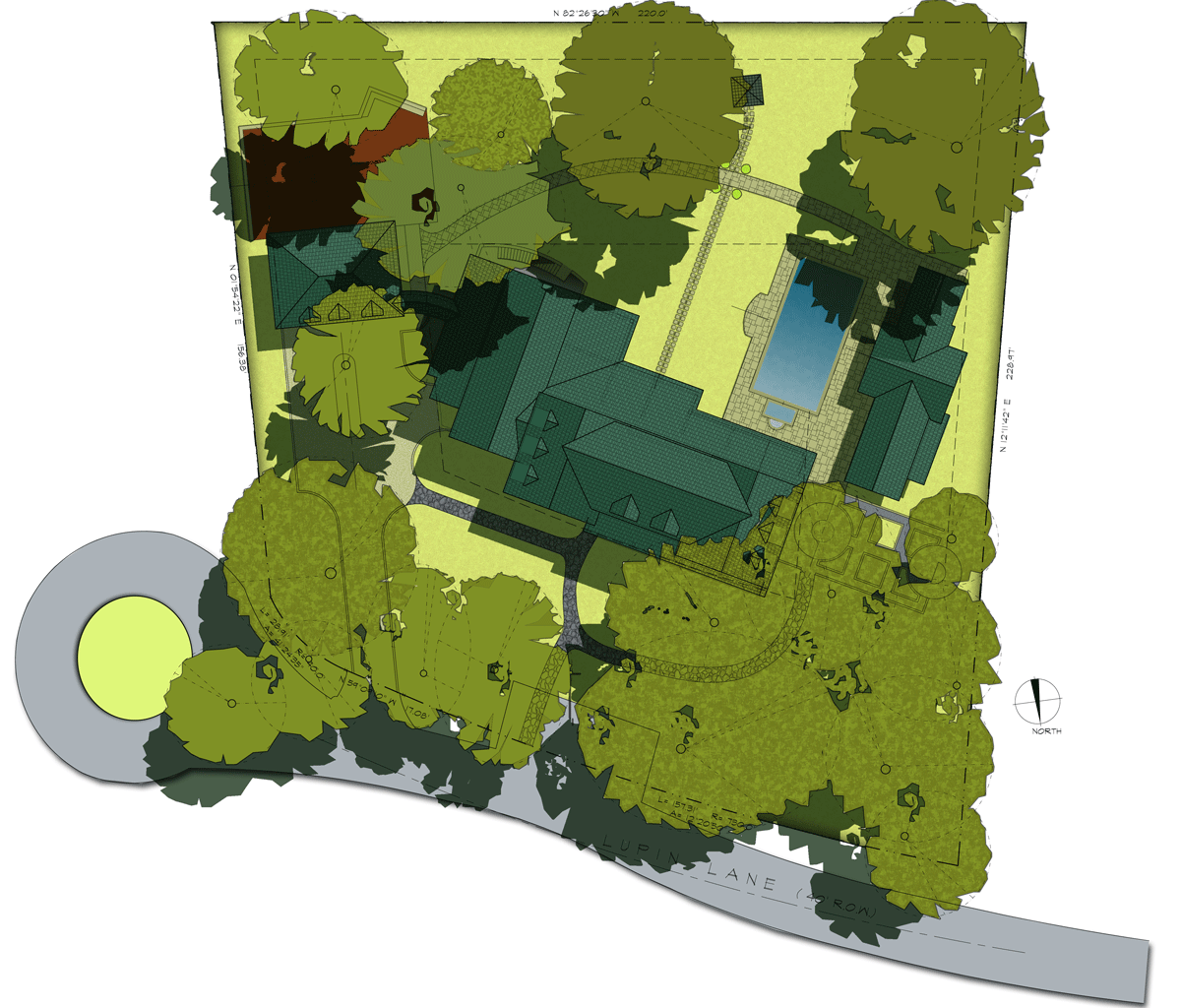 Young and Borklik created this site plan to show how the new home, the pool and the pool house would fit within the property and among the existing mature trees.
