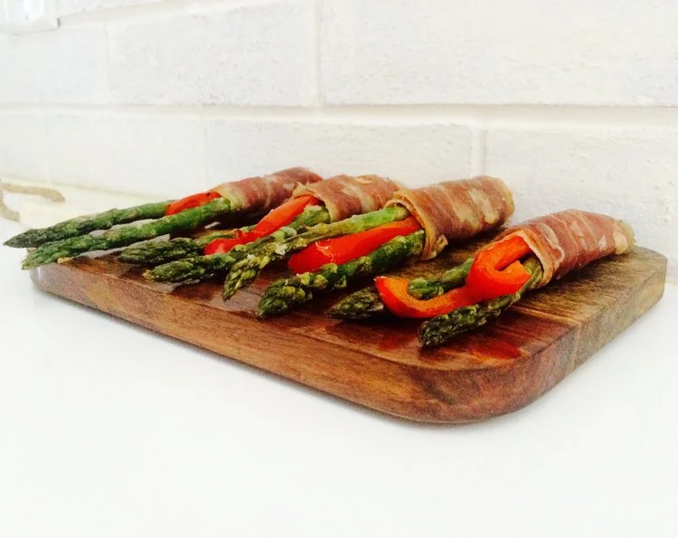 Fire Roasted Red Pepper and Asparagus Spears Wrapped in Prosciutto