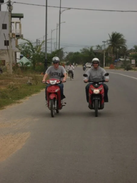Motor scooters in Vietnam. Gasoline sold by the liter in glass bottles on the side of the road. We rode about 60 kilometers that day.
