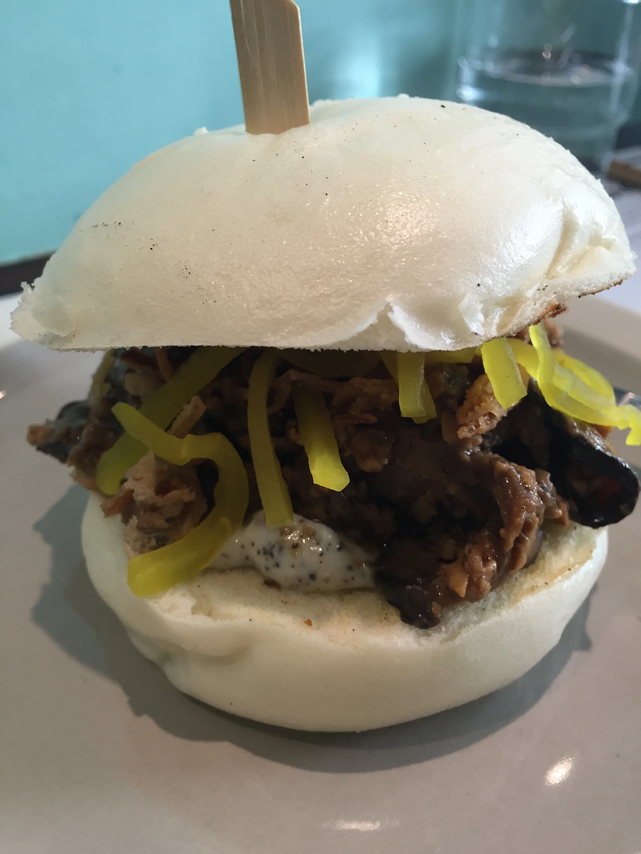 Sloppy Chan - Taiwanese braised shiitake tempeh, truffle mayo, sweet pickled daikon, fried shallot. This was like a crazy delicious asian sloppy joe. 