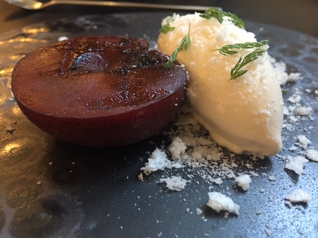 Grilled plum - cardamon, elderflower ice cream