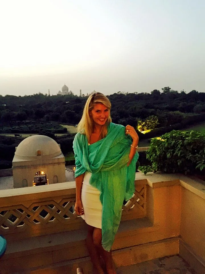Wearing a dress and a silk pashmina for dinner at the Oberoi in Agra 