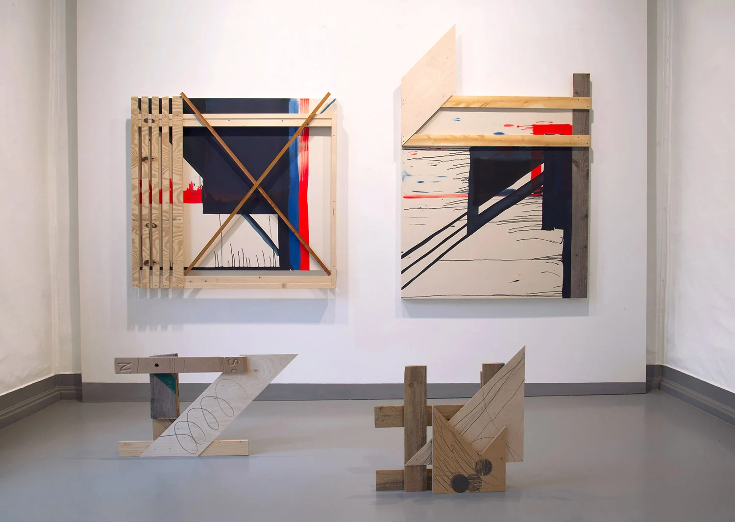 Installation photo from the duo exhibition Logg with LIne Anda Dalmar, Galleri Langegården, 2014 2013 Acryllic on raw canvas and wood, pencil on wood objects