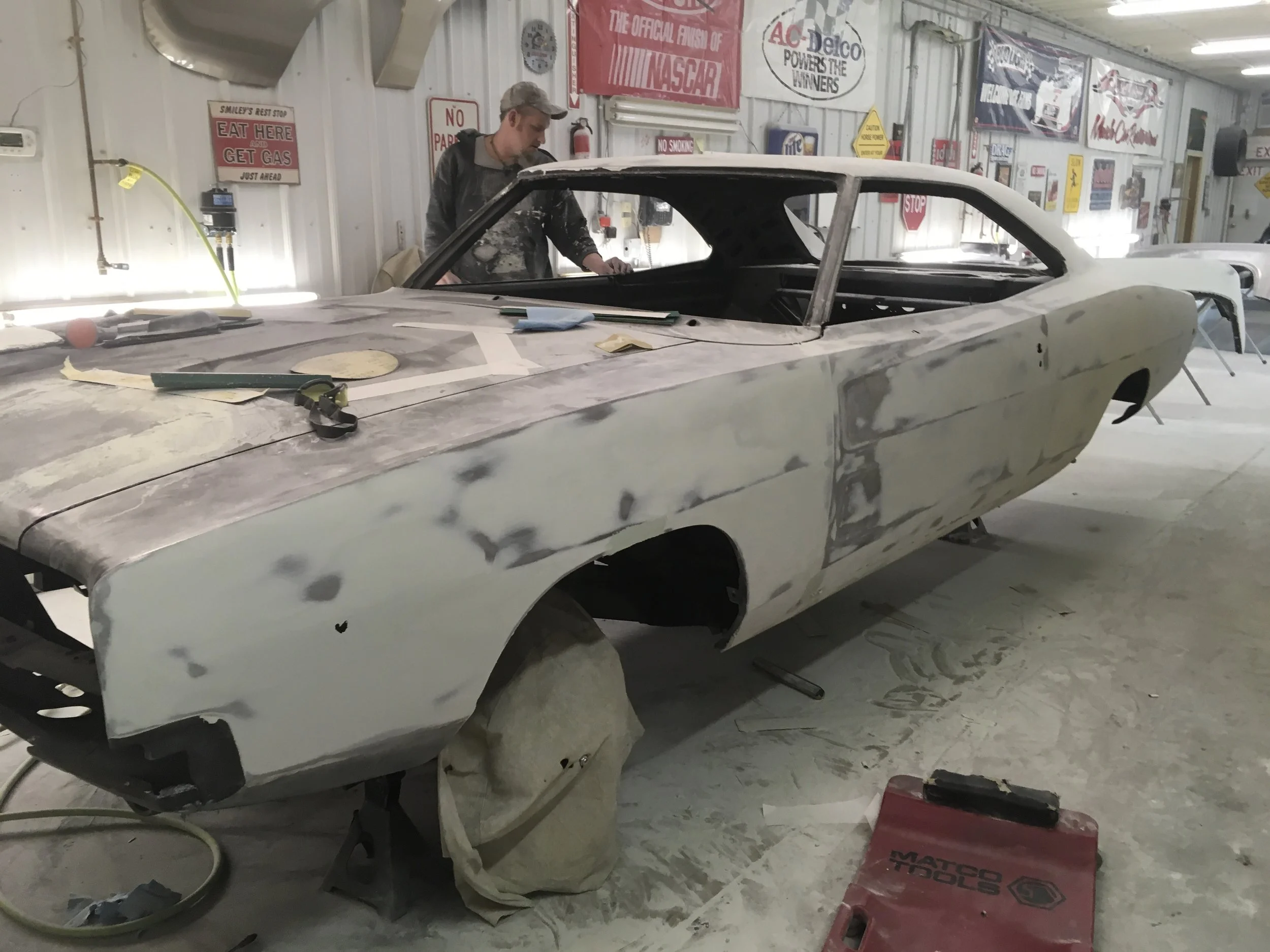 Sanding bodywork on 1968 Charger