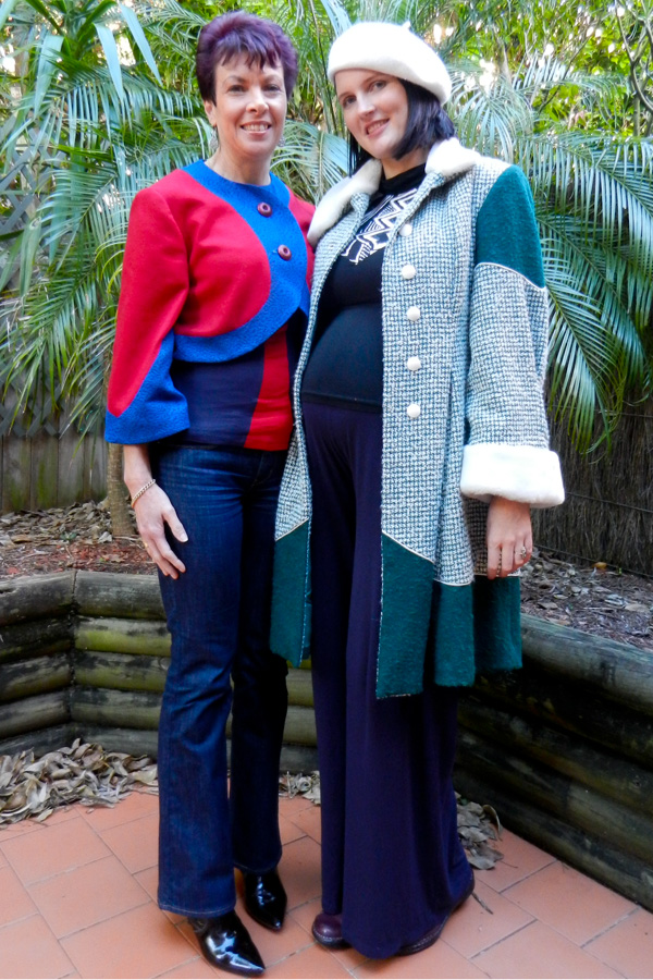My Emerald Green Winter coat again... this time while I was heavily pregnant. Leanne wears a Penelope Red custom order bolero in red and blue.