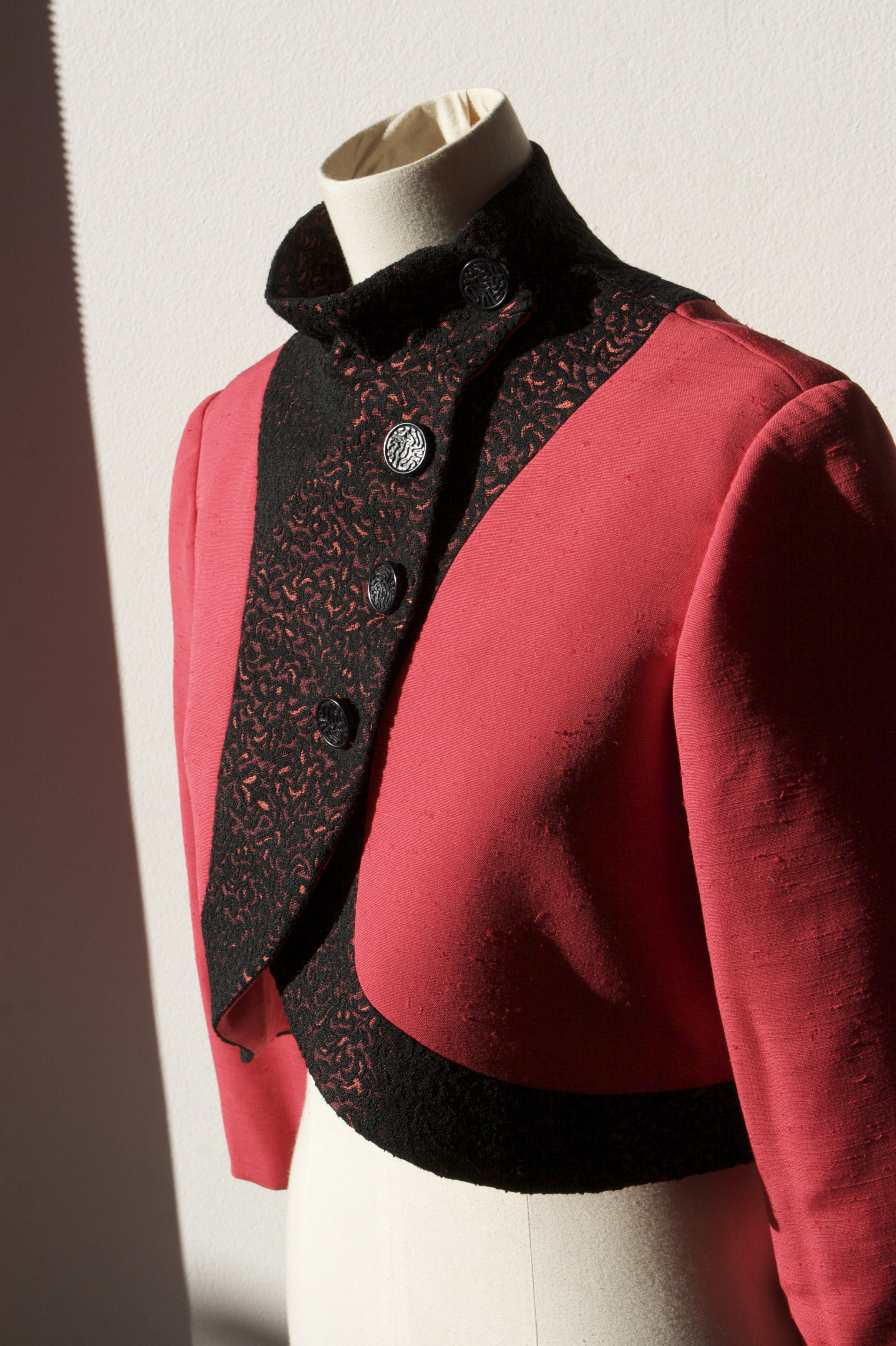 This Red Bolero Jacket is one of the first bolero's I ever created, but it still looks beautiful to me. Its handmade from two vintage fabrics, and the high Chinese Collar and wrap around style is gorgeous!