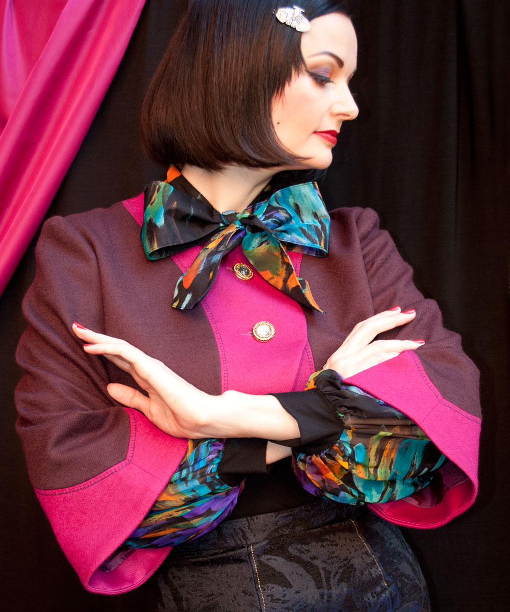 Lucy wears the Pink and Plum Rosavar Bolero
