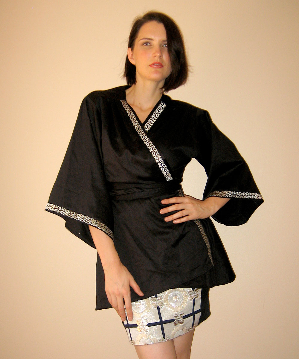 I love using vintage trims and braids on my designs. This black polished cotton kimono looks so special because of the vintage trim I used. It is a very unique design, since only three copies of this style were created.