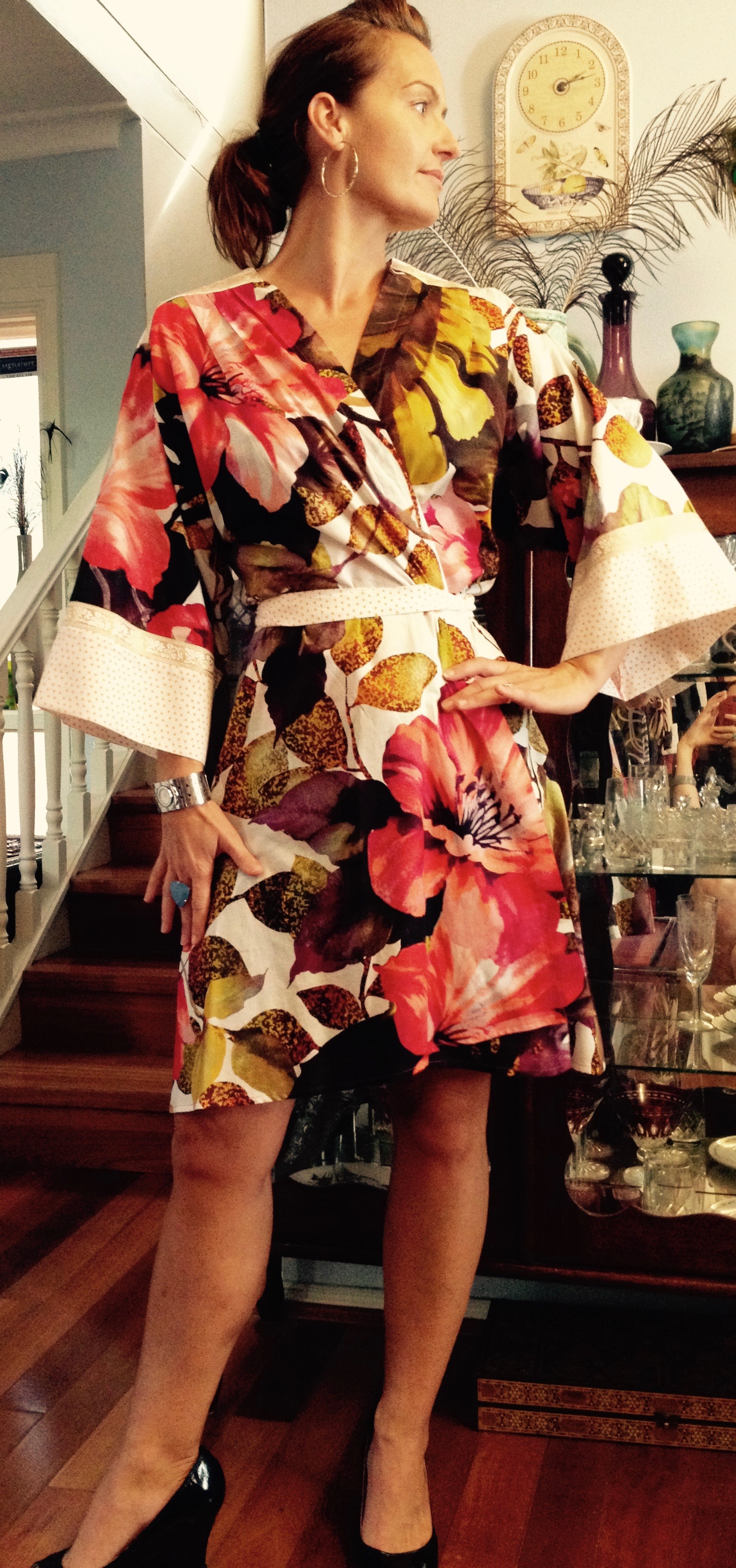 Penny wears the Hibiscus Kimono Dress. Yes, this kimono style I have extended the length and made it into a dress. This is a one of a kind design, custom made for Penny.