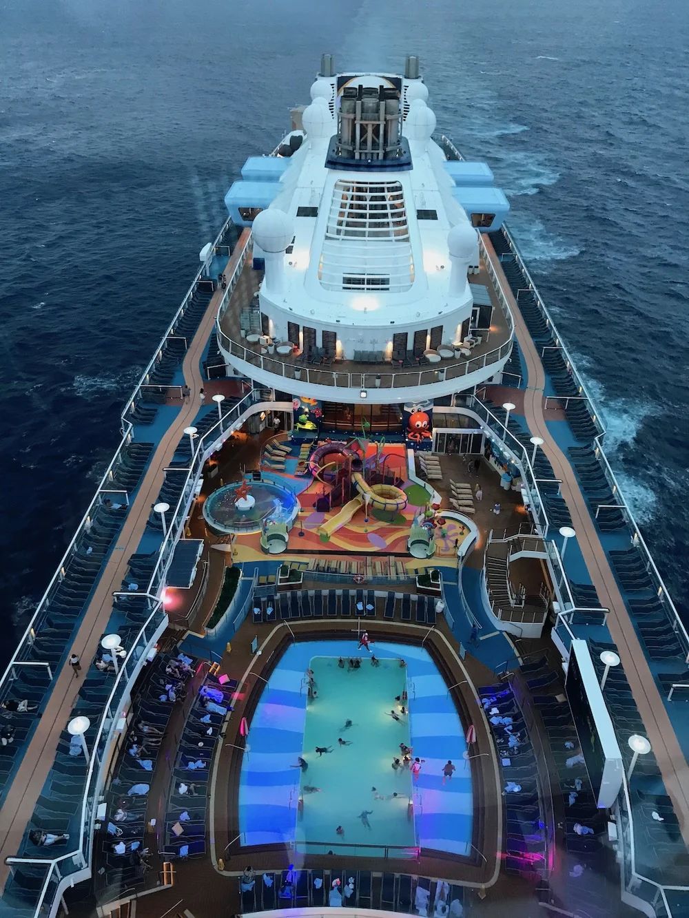 This is the view you would get when you go on the North Star viewing deck. You can see the outside pool area- large pool, whirl pool, water slides.